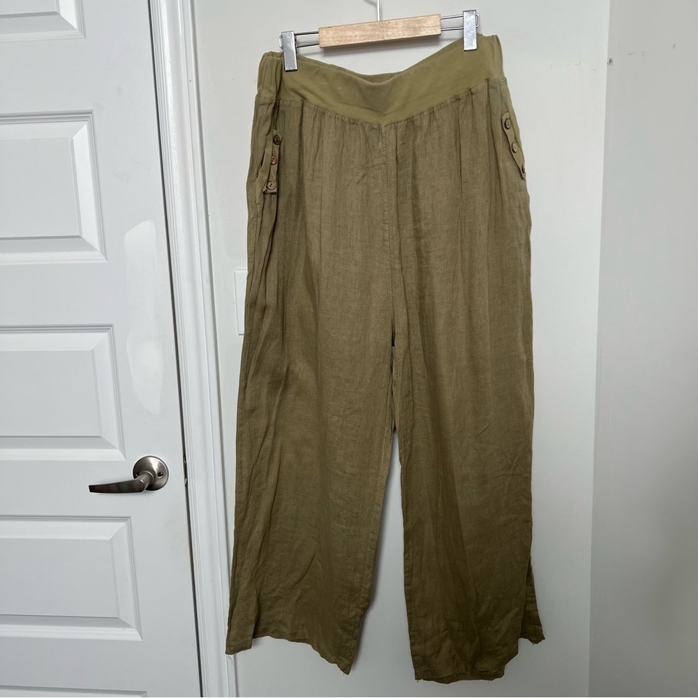 Olive Green 100% Linen Wide Leg Pants 1X High Waist Lightweight Summer Trousers - Picture 6 of 9